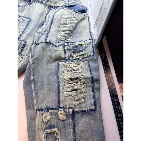 Hengsheng Jeans Women's Size 30 Light Wash Denim Patchwork Straight Leg Jeans - Picture 2 of 16